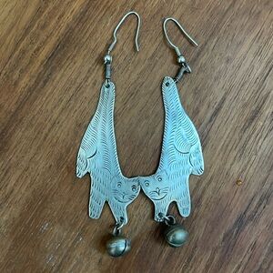 Vintage Silver Stamped Cat Playing with Ball Bell Earrings